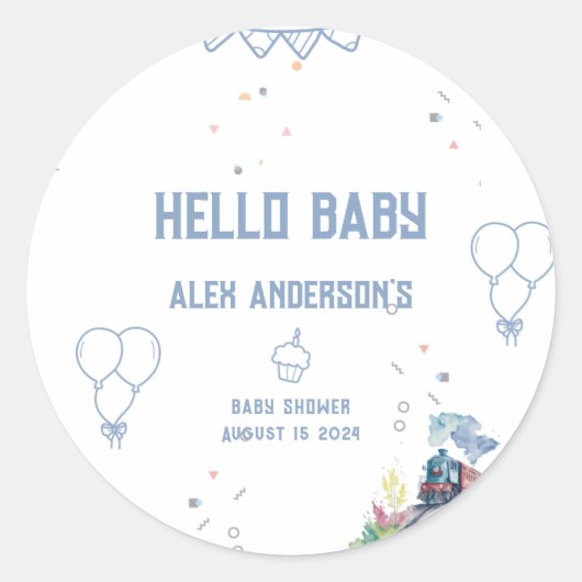 Sticker Rond Train Blue Balloons garçon Baby shower Whimsical (Devant)