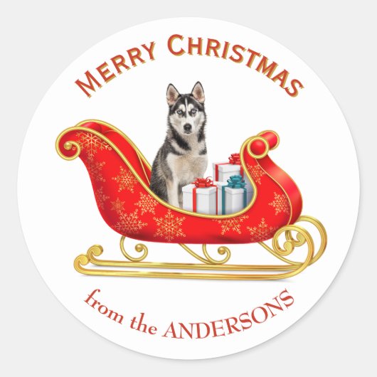 Sticker Rond Traîneau de Noël Chien Husky Sibérien (Devant)