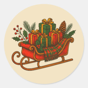 Sticker Rond Traîneau de Noël vintage avec cadeaux
