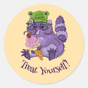 Sticker Rond Traitez-vous, Raccoon pourpre avec Icecream