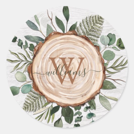 Sticker Rond Tranche de bois rustique à aquarelle et monogramme (Devant)