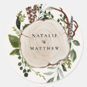 Sticker Rond Tranche de bois rustique verdure botanique mariage (Devant)