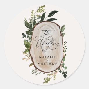 Sticker Rond Tranche de bois rustique verdure botanique mariage