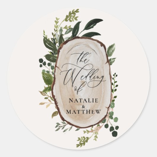 Sticker Rond Tranche de bois rustique verdure botanique mariage (Devant)