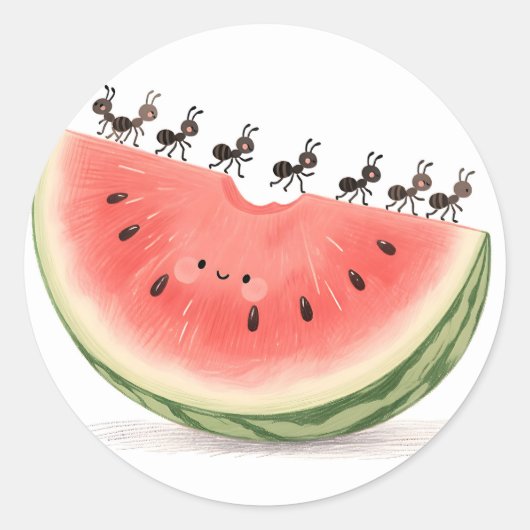 Sticker Rond Tranche de pastèque aux fourmis mignonnes (Devant)