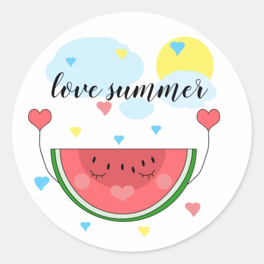 Sticker Rond tranche de pastèque, texte, "J'aime l'été", (Devant)
