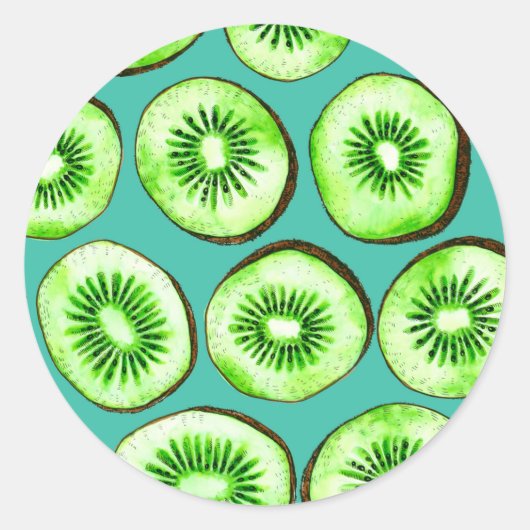 Sticker Rond Tranches Kiwi sur turquoise (Devant)