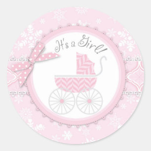 Sticker Rond Transport de bébé rose et flocon de neige d'hiver