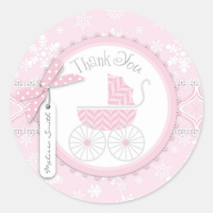 Sticker Rond Transport de bébé rose et Merci de flocon de neige