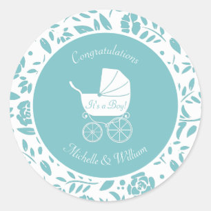 Sticker Rond Transport vintage Baby shower Cute Blue Boy