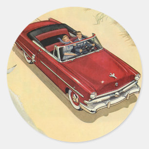 Sticker Rond Transport Vintage, Voiture Cabriolet Rouge Plage