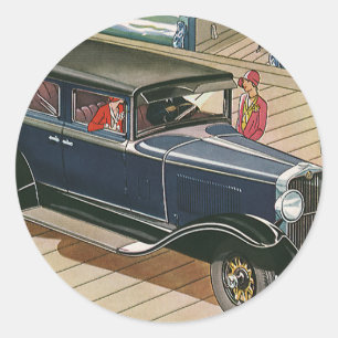 Sticker Rond Transport vintage, voiture sur le quai au bord de