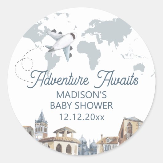 Sticker Rond Travel Adventure World Map Airplane Baby Shower (Devant)