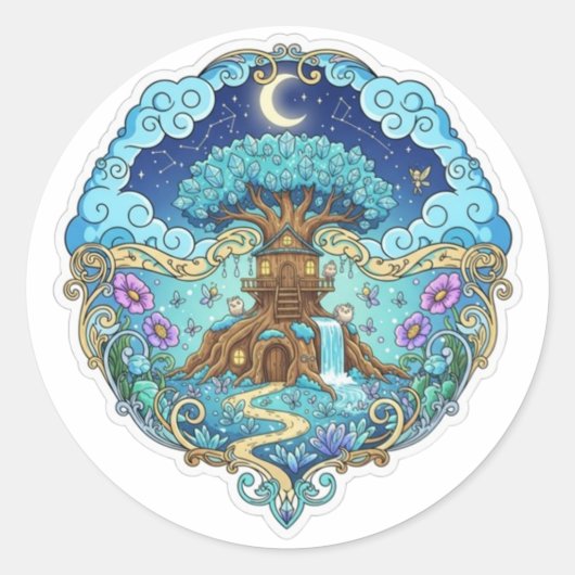 Sticker Rond Tree House Under Moon Fantasy magical illustration (Devant)