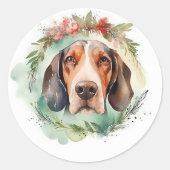 Sticker Rond Treeing Walker Christmas Wreath Festive Pup (Devant)