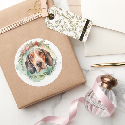 Sticker Rond Treeing Walker Christmas Wreath Festive Pup (Cadeaux)