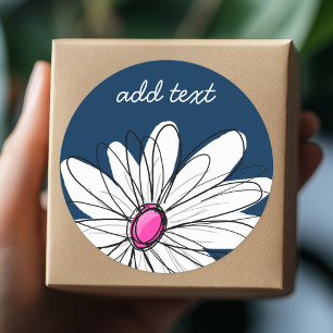 Sticker Rond Trendy Daisy Floral Illustration - navy and pink