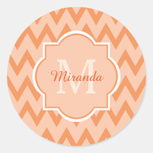 Sticker Rond Trendy Orange Chevron Zigzag Nom et Monogramme
