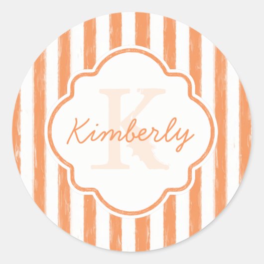 Sticker Rond Trendy Orange Peint Stripes Monogramme et nom (Devant)