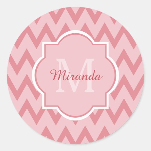 Sticker Rond Trendy Pink Chevron Zigzag Nom et Monogramme (Devant)