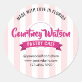 Sticker Rond Trendy Pink Stripes Cake Bakery Pastry Chef (Devant)