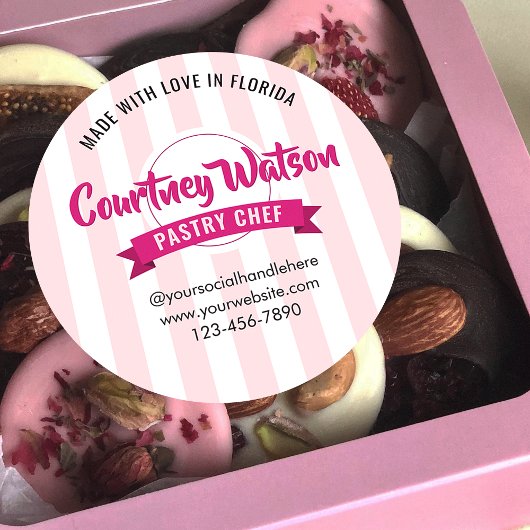 Sticker Rond Trendy Pink Stripes Cake Bakery Pastry Chef