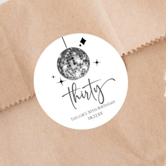 Sticker Rond Trente Silver Disco Ball 30e fête d'anniversaire