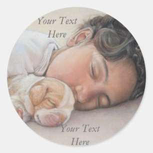 Sticker Rond très mignon enfant endormi avec mignon chiot beagl