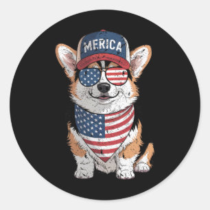 Sticker Rond Tri Color Corgi 4 juillet nous American Flag Chien