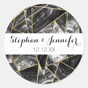 Sticker Rond Triangles géométriques d'agate d'or blanc noir de