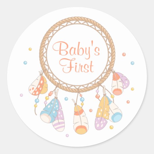 Sticker Rond Tribal Dreamcatcher Boho Baby First 1st Birthday (Devant)
