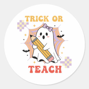 Sticker Rond Trick or Teach Mignon Professeur Fantôme Halloween
