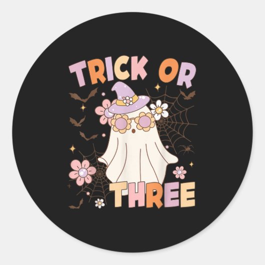 Sticker Rond Trick Or Three Cute Ghost Groovy 3rd Birthday Soky (Devant)