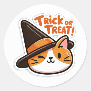 Sticker Rond Trick or Treat ! - Chat avec chapeau 2