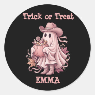 Sticker Rond Trick or Treat Coutume Vintage Fantôme de Cow-Boy