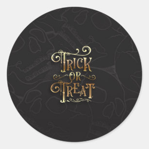 Sticker Rond Trick or Treat Crânes Fête d'Halloween noire et or