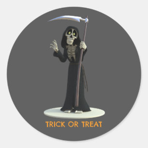 Sticker Rond Trick or Treat. Grim Reaper de dessin animé