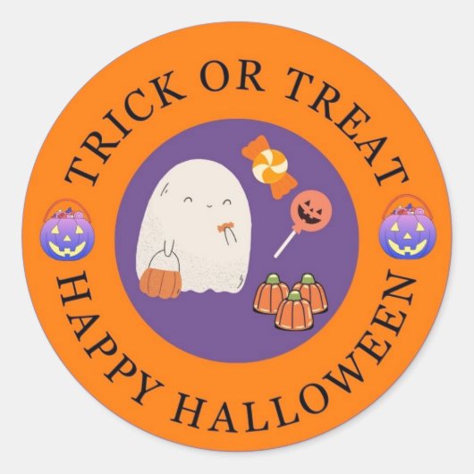 Sticker Rond Trick or Treat Happy Halloween mignon Fantôme (Devant)