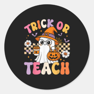 Sticker Rond Trick Ou Enseigner Cute Ghost Coffee Citrouilles H