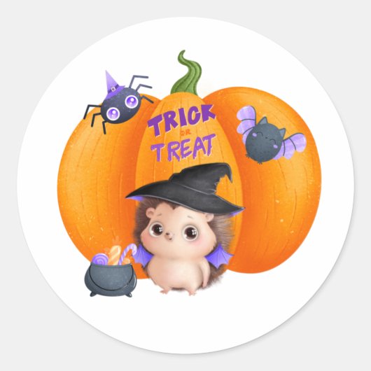 Sticker Rond Trick ou traiter Halloween Citrouille et Hérisson (Devant)