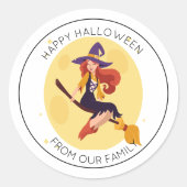 Sticker Rond Trick ou Treat Sassy Witch sur Broom Halloween (Devant)