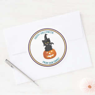 Sticker Rond Tricoter ou traiter Chat noir et drôle Citrouille 