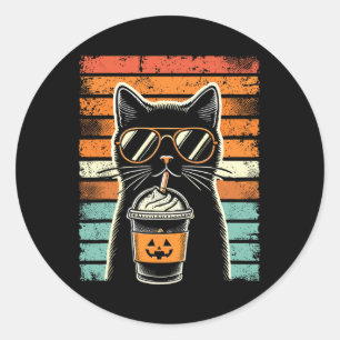 Sticker Rond Tricoter Ou Traiter Chat Noir Hipster Funny Hallow