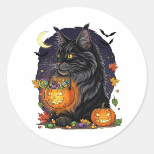 Sticker Rond Tricoter ou traiter Maine Coon - Halloween Chat