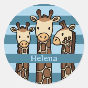 Sticker Rond Trio de Girafe Bébé, ajouter le nom de l'enfant