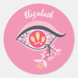 Sticker Rond Trippy Oeil rose Floral Nom psychédélique