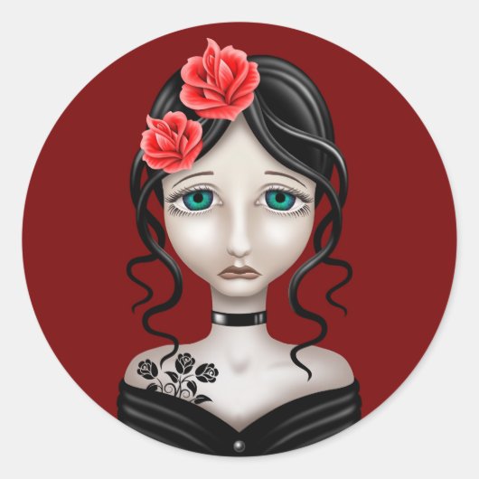 Sticker Rond Triste fille aux roses rouges (Devant)
