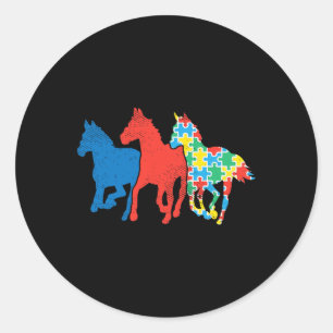Sticker Rond Trois Chevaux Puzzle Rouge Bleu Autism Awareness A