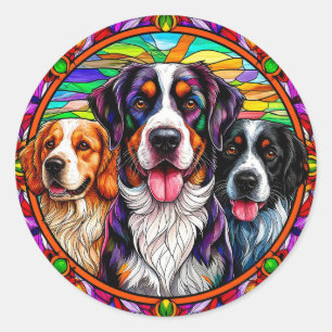 Sticker Rond Trois chiens adorables portrait de style vitrail