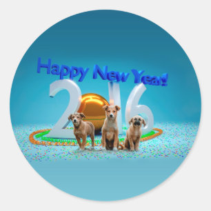 Sticker Rond Trois Chiens mignons qui souhaitent une bonne anné